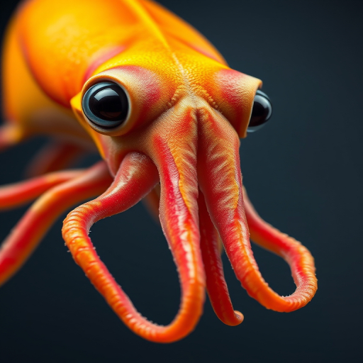 Create a high-resolution illustration of a vibrant squid, with detailed textures and colors, shot with a Canon EOS R5, 85mm f/1.2 lens, at f/2.8 aperture, 1/200 sec shutter speed, in a studio setting with soft diffused lighting.