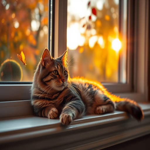 Softly focused image of a cat lounging on a windowsill, soft golden light from the setting sun illuminating its fur, with a vibrant autumn landscape visible through the glass, leaves gently falling in the background.