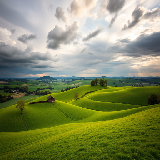 landscape of rolling green hills with scattered farms under a dramatic cloudy sky, early evening light, captured with a Canon EOS R5, lens 24-70mm f/2.8, aperture f/8, ISO 100, shutter speed 1/125s, shot from a elevated viewpoint for a panoramic effect