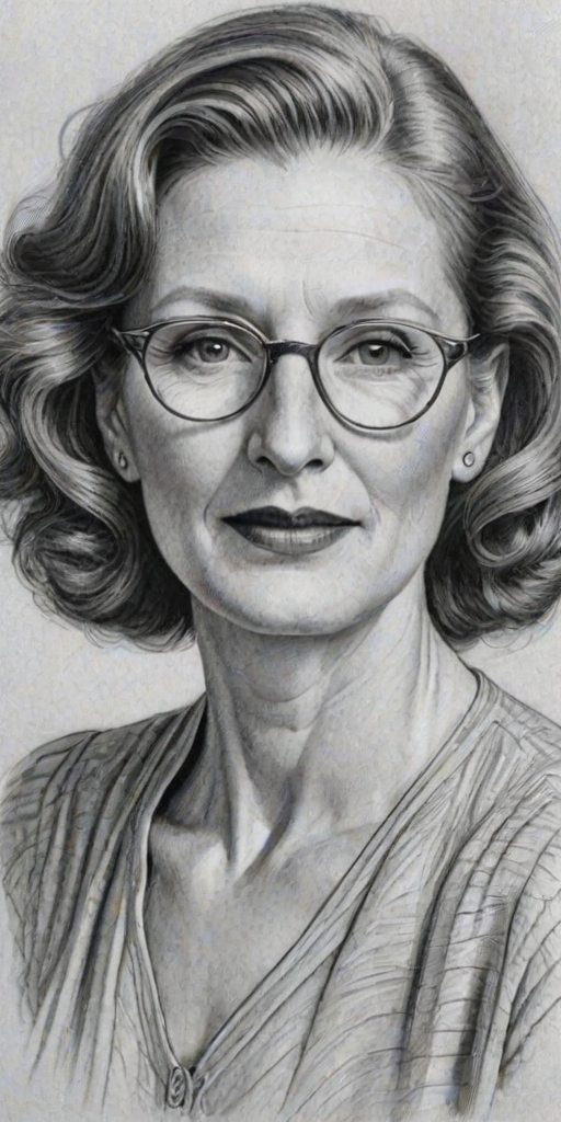 Beauteous Frances Conroy, pencil sketch, portrait of Dazzling woman 1939s in glasses, hair style beatnik, outline, clear lines, fine lines, 8k