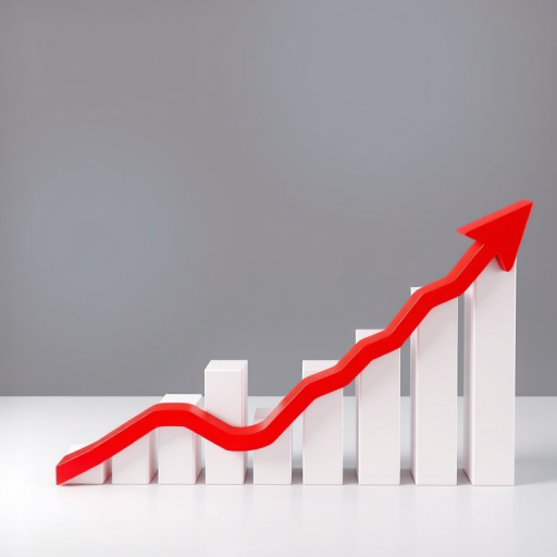 create a 3D graph illustration with increasing white bars and a downward red trend line, high resolution, ISO 100, f/8 aperture, 50mm lens, top-down view, studio lighting, digital camera