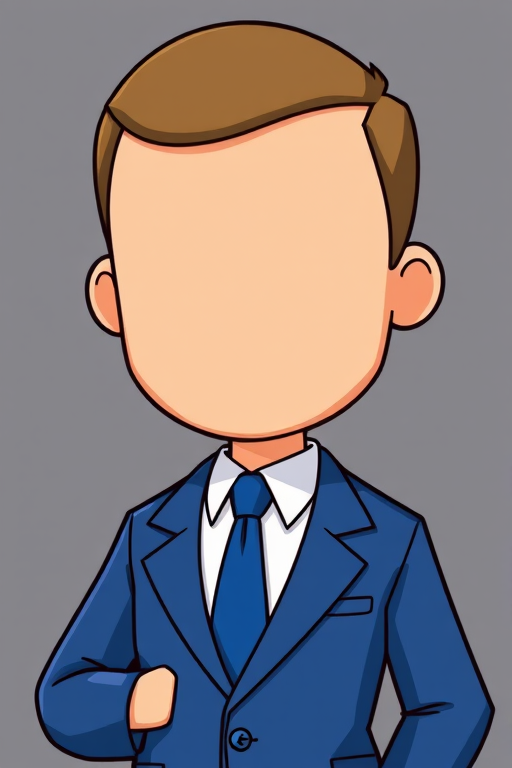 Generate a cartoon-style image of a faceless male character wearing a blue suit with a white shirt and blue tie, using a 35mm lens, f/2.8 aperture, 1/60 second shutter speed, and soft lighting to enhance the image quality.