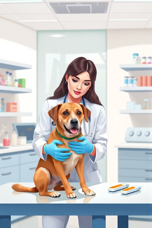 Create an illustration of a female veterinarian in a modern clinic examining a dog on a table, with veterinary tools and medicine in the background, using a Canon EOS R5 camera, 50mm lens, f/1.8 aperture, ISO 200, in bright, clean lighting, with a focus on vibrant colors and detailed expressions.