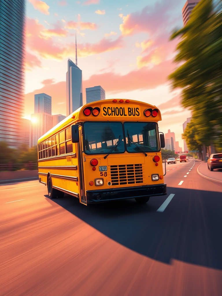 Create an illustration of a vibrant yellow school bus speeding down a city road at sunset, with motion blur to emphasize speed, shot with a DSLR camera at f/8, 1/500s, ISO 200, with a wide-angle lens to capture the city skyline in the background.
