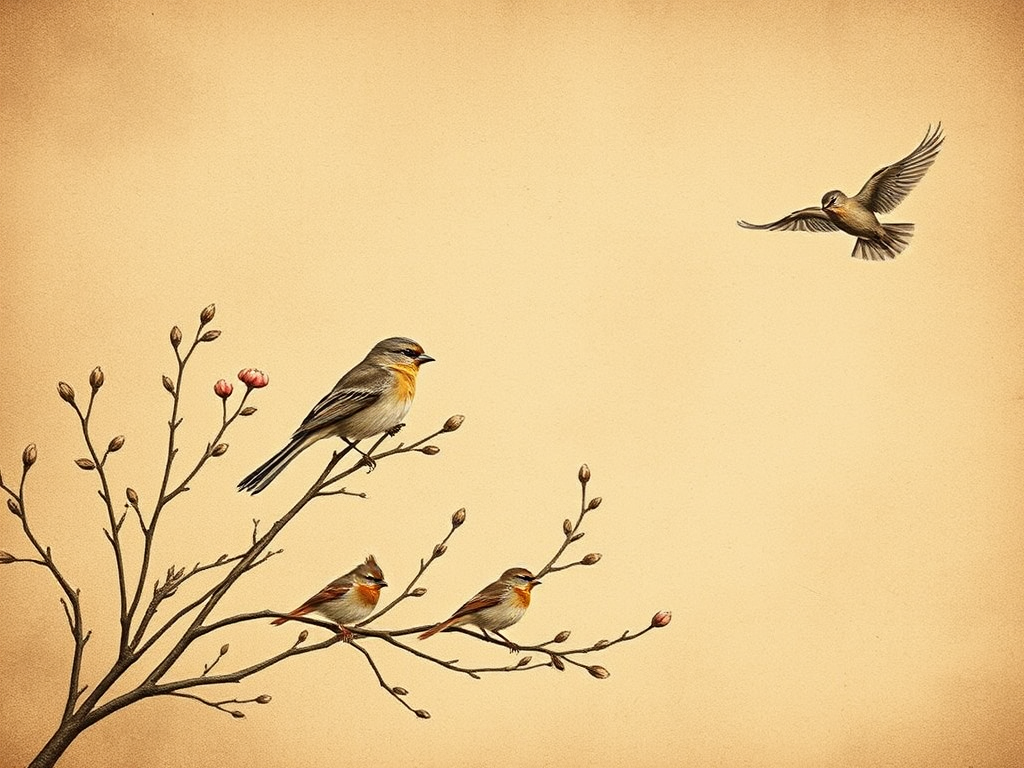create an artistic background with a vintage texture featuring subtle earthy tones, include delicate illustrations of birds perched on branches and flying, use a DSLR camera setup with a 50mm lens at f/2.8 for shallow depth of field, capture in natural lighting for soft shadows and enhanced details, use a slightly elevated angle to incorporate more of the background texture and ensure a balanced composition