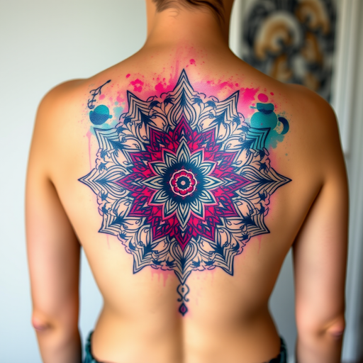Breathtaking body tattoo featuring intricate mandala patterns in vibrant watercolor style, blending teal and magenta hues across the back, symbolizing spiritual awakening and inner balance