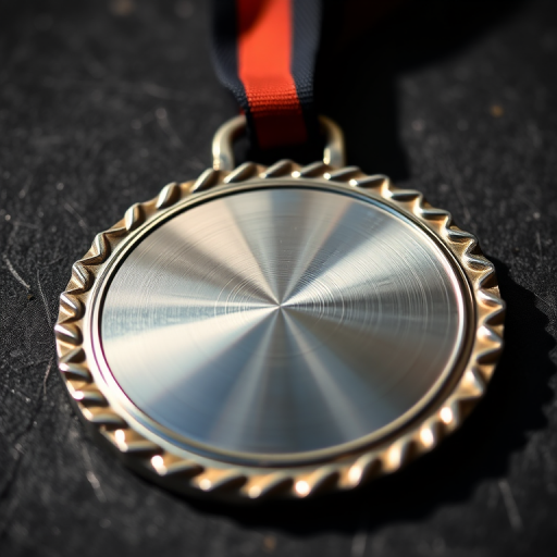 Create a high-resolution image of a shiny silver medal with a serrated edge, using a DSLR camera with a 50mm lens, f/2.8 aperture, ISO 100, natural lighting, and a slight angle view to enhance reflections and depth.