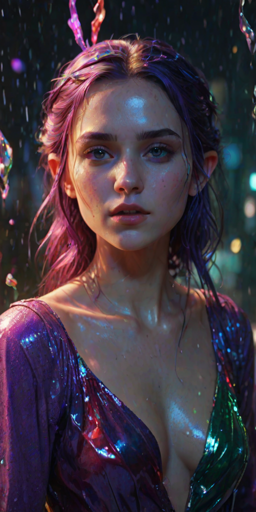 masterpiece, best quality, glitch, glitching, aesthetic, 8k unreal engine photorealism, ethereal lighting, purple, nighttime, darkness, surreal art, fantasy, glowing, Combine vibrant splashes of red, blue, yellow, and green, with swirling motions and color leaks to create an explosive and chaotic effect, broken glass, reflection, 1girl, elf, jewelry, upper body, split screen,