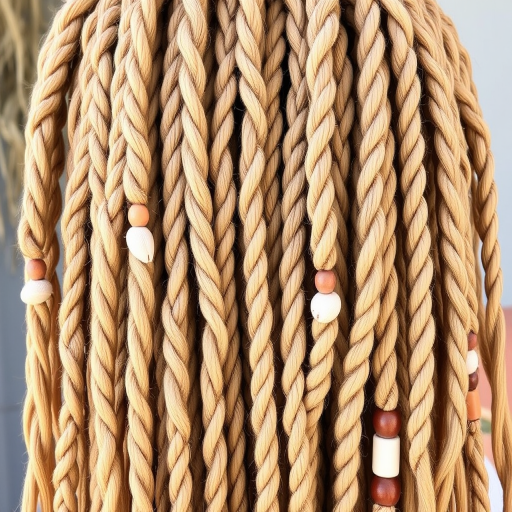 Beachy Bohemian Dreadlocks showcasing sun-kissed blonde base with caramel and honey highlights woven throughout textured rope-like locs adorned with wooden beads and seashells