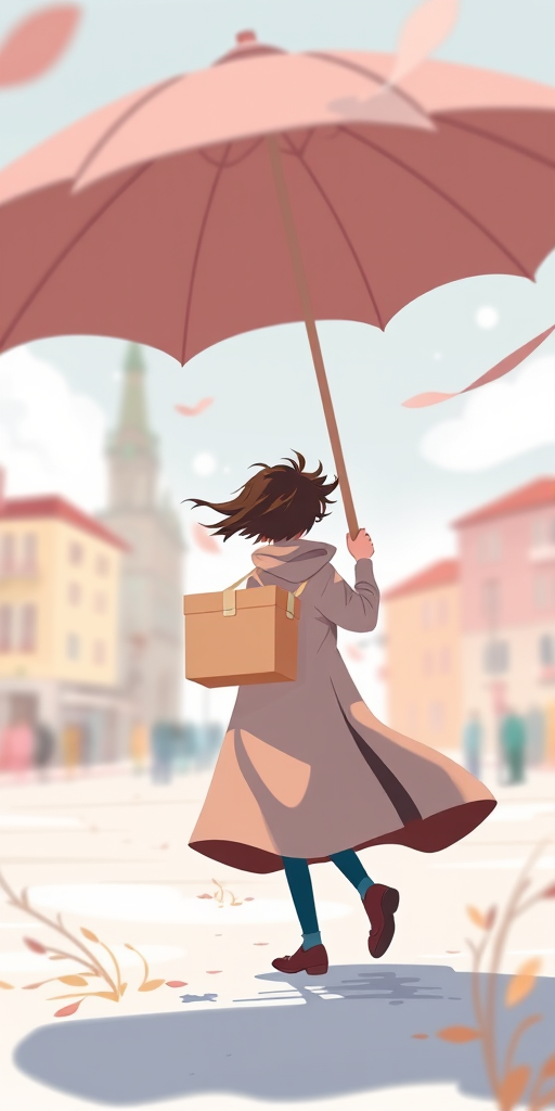 Generate an illustration of a person in a flowing coat holding a box and a large umbrella in a windy setting, with a bright and playful color palette, using a digital illustration style, viewed from a slightly elevated angle, settings: depth of field f/4, ISO 100, with soft shadows and smooth outlines.