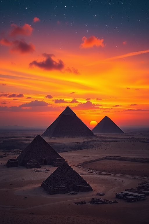 A breathtaking sunset over the pyramids of Giza with vibrant colors and a starry sky, captured using a full-frame DSLR camera, 35mm lens, f/4 aperture, ISO 200, and a long exposure to enhance the details in the clouds and stars for a dramatic effect.