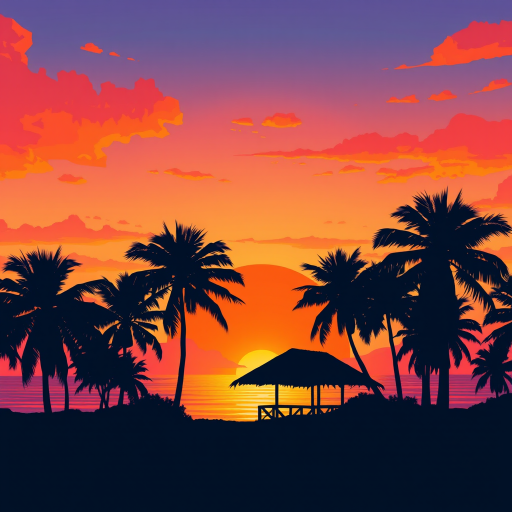 create a vibrant digital illustration of a tropical sunset with silhouetted palm trees and a beach hut, round frame, warm color palette of oranges and purples, high resolution, 4k quality, focal length 35mm, aperture f/8, shot from a slightly elevated angle, using a digital art style mimicking photography