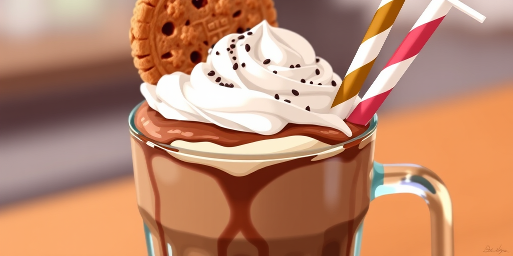Create an illustration of a chocolate milkshake topped with whipped cream, a cookie, and a striped straw, captured in a close-up view, using a high-resolution digital camera with a 50mm lens, f/1.8 aperture, and natural lighting to emphasize the texture and colors.