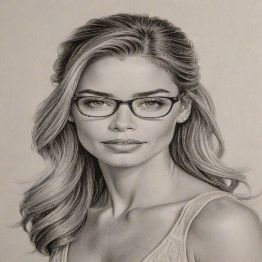 Gorgeous Denise Richards, pencil sketch, portrait of Splendid woman 1937s in glasses, hair style beatnik, outline, clear lines, fine lines, 8k