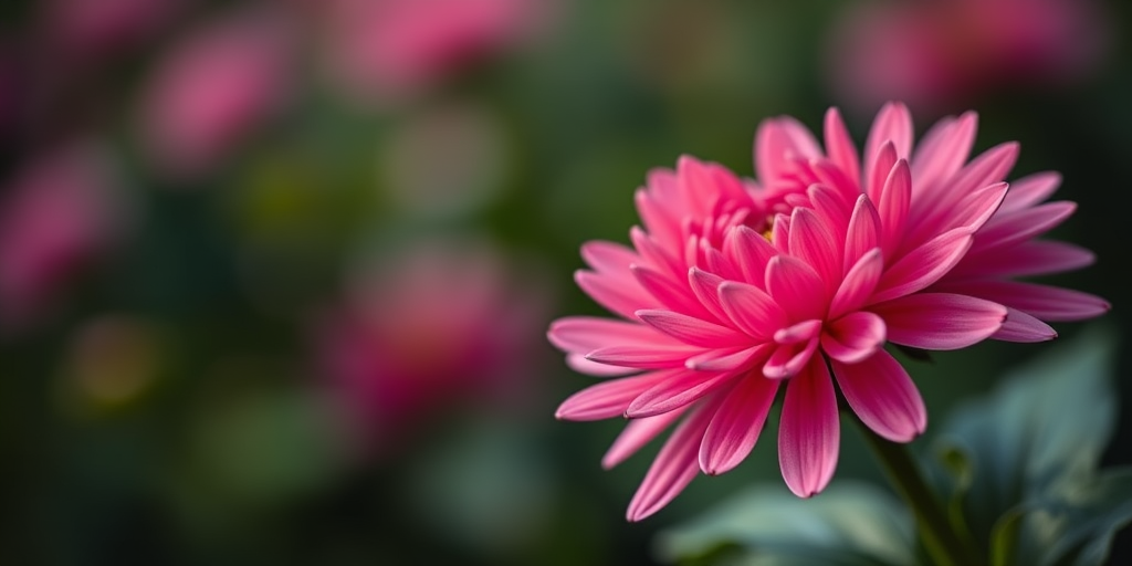 Close-up of a vibrant pink chrysanthemum in full bloom with soft bokeh background, 50mm lens, aperture f/1.8, ISO 100, natural lighting, DSLR camera, high-resolution macro photography.