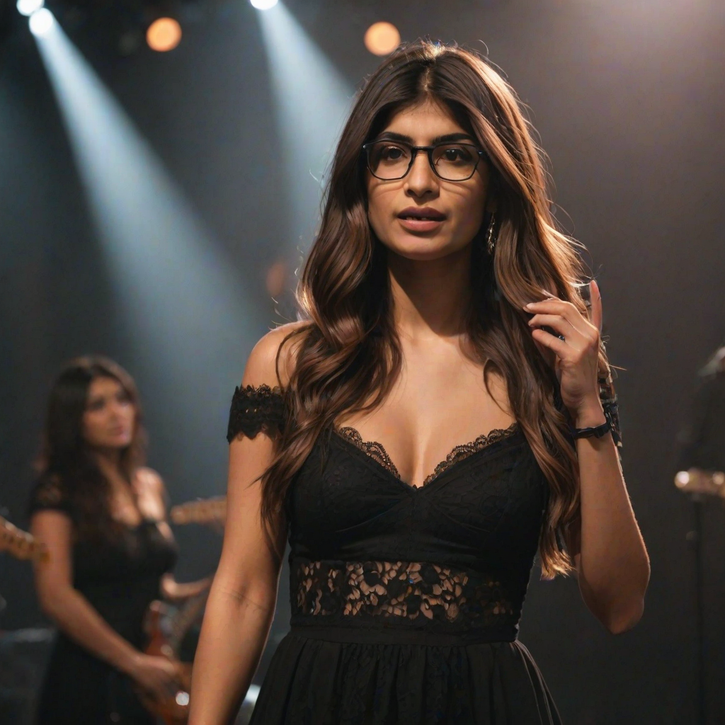 mia khalifa with long, flowing brown hair is standing in the center of the frame, holding a microphone in her right hand, and looking slightly off to the right side of the frame. She is wearing a black, off-the-shoulder dress with delicate lace detailing. The lighting is warm and dramatic, creating a spotlight effect on the singer. There are other figures in the background, blurred and out of focus, suggesting a concert or performance setting. The camera angle is low, capturing the woman from the waist up. The overall atmosphere is intimate and captivating.
