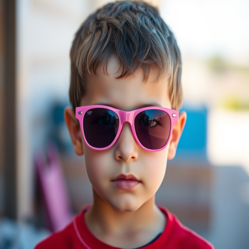 portrait of a young boy with short hair wearing pink sunglasses, focused expression, shallow depth of field, natural sunlight, camera settings f/2.8, 1/200s, ISO 100, 50mm lens, DSLR camera, vibrant colors
