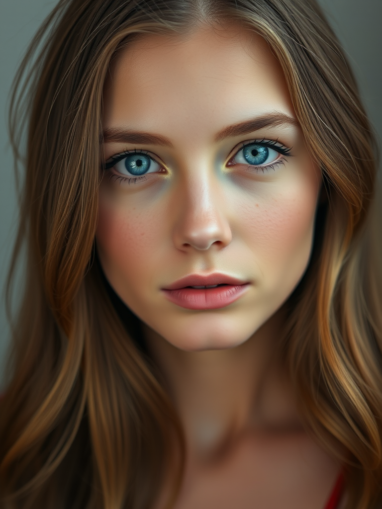 Create a portrait of a young woman with striking blue eyes, soft facial features, and long, wavy brown hair, set against a blurred, neutral background, using a Canon EOS R5, 50mm f/1.2 lens, aperture at f/1.8, ISO 100, with natural soft lighting for enhanced detail and depth.