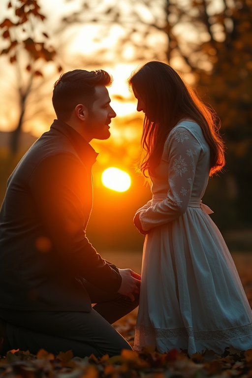 Regenerate a romantic sunset scene with a man kneeling before a woman, surrounded by autumn leaves, soft focus, aperture f/1.8, ISO 100, 50mm lens, digital art style, warm color palette.