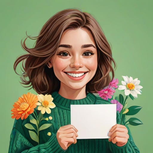 create an illustration of a smiling cartoon character with medium-length brown hair wearing a green sweater, holding a blank sign surrounded by colorful flowers and decorative elements