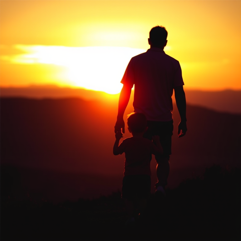 Create a silhouette image of a man and a child walking towards a sunset over a landscape with vibrant colors, using a DSLR camera with a 50mm lens, aperture set to f/2.8, ISO 100, and a shallow depth of field for a soft background effect, capturing a warm and serene atmosphere.