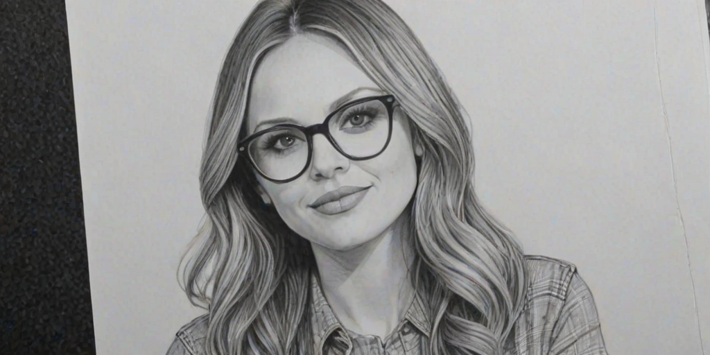 Beauteous Carly Pearce, pencil sketch, portrait of Sublime woman 1948s in glasses, hair style beatnik, outline, clear lines, fine lines, 8k