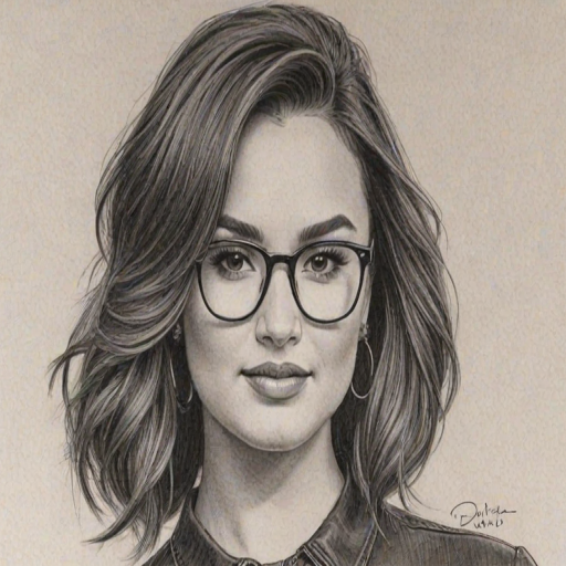 Magnificent Demi Lovato, pencil sketch, portrait of Pleasing woman 1959s in glasses, hair style beatnik, outline, clear lines, fine lines, 8k