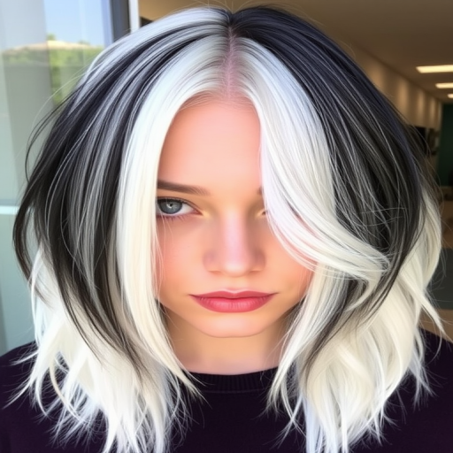Striking platinum and onyx two-tone hairstyle called "Yin Yang Harmony" features a perfectly balanced split down the middle, showcasing contrasting textures and lengths
