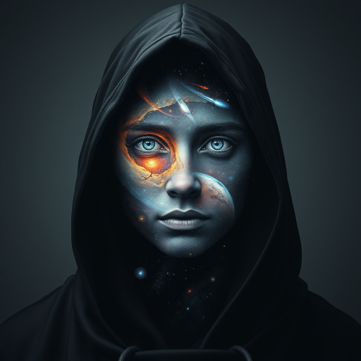 A mysterious hooded figure stands silently, the dark cloak flowing around them like shadows. Beneath the hood, their face is a mesmerizing cosmic scene where swirling galaxies, radiant stars, and vibrant planets form the features. Nebulas drift where eyes should be, glowing softly, while delicate streaks of cosmic energy trace the outlines of a nose and lips. Comets streak across the vastness of their face, and faint constellations pulse with life. The entire visage shifts and evolves as if the universe itself is contained within the figure, giving an ethereal, otherworldly presence to their form.