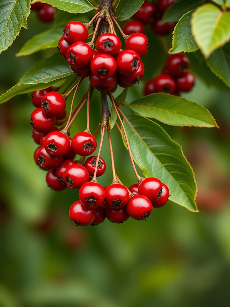 generate an image of a cluster of bright red rowan berries hanging from lush green leaves with a soft-focus background using a macro lens, aperture f/2.8, shutter speed 1/200s, ISO 100, natural light