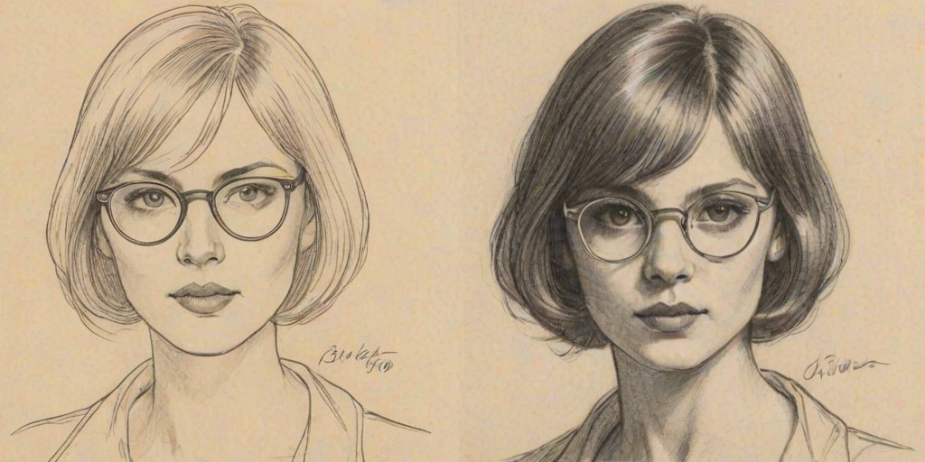 Pleasing Grace Van Dien, pencil sketch, portrait of Enticing woman 1924s in glasses, hair style beatnik, outline, clear lines, fine lines, 8k