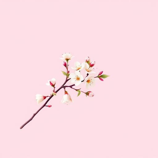 Regenerate a minimalist botanical illustration of a flowering branch against a soft pink background, using a 50mm lens, f/2.8 aperture, ISO 100, with a shallow depth of field for a crisp focus on the flowers, in a digital illustration style resembling watercolor.