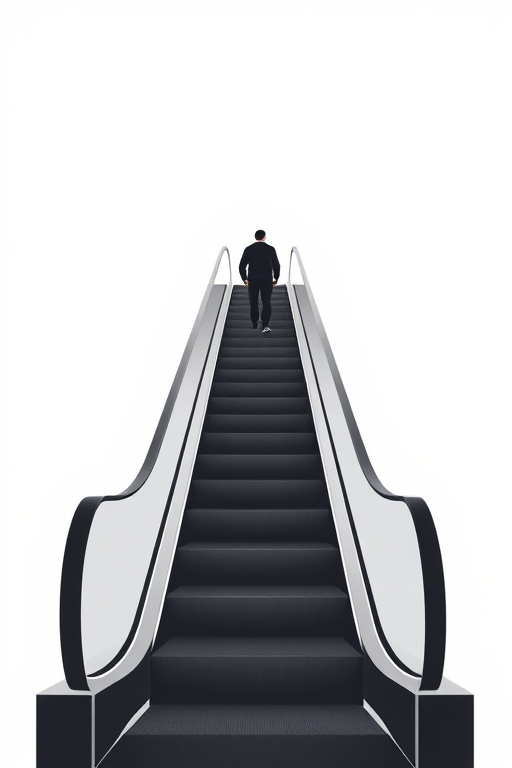 Create a minimalistic vector image of an escalator with a person ascending, using Adobe Illustrator, with a clean white background, high contrast black and white colors, and sharp lines, ensuring a modern design aesthetic.