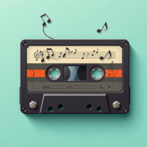 Create an illustration of a vintage cassette tape with musical notes and swirls, set against a soft teal background, using a DSLR camera with a 50mm lens, aperture f/2.8, ISO 100, and soft focus to enhance the colors and details.