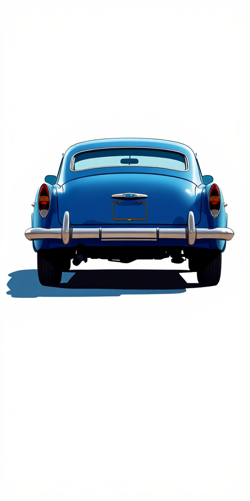 Create a high-resolution illustration of a blue vintage car from a three-quarter rear view with soft shadows, using a DSLR camera effect, aperture f/8, ISO 100, and 50mm lens.