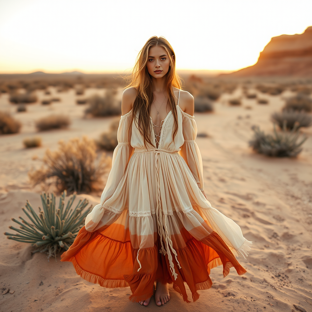 Desert setting, bohemian model, flowy dresses, earthy tones, rustic sunset effect,  equipped with a 12mm lens to capture an overhead view of the model, emphasizing symmetry and spatial positioning