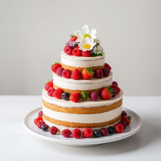 Three tiered cake decorated with fresh strawberries raspberries and edible flowers placed on a white serving plate against a light background