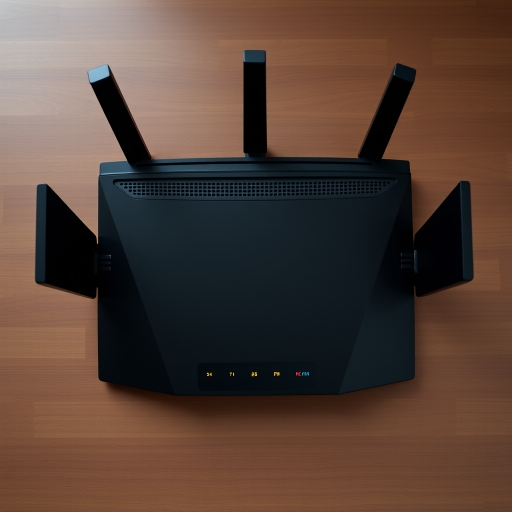 Create an image of a modern wireless router from a top-down view with a sleek black design and LED indicators, using a DSLR camera with a 50mm lens, f/2.8 aperture, 1/125s shutter speed, and ISO 200 for enhanced clarity and depth of field.
