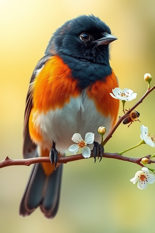 Regenerate a vibrant illustration of a bird with a black and orange plumage perched on a branch with delicate white flowers and a bee, using a Canon EOS 5D Mark IV with a 50mm lens, f/2.8 aperture, ISO 100, and natural light for enhanced clarity and color richness.