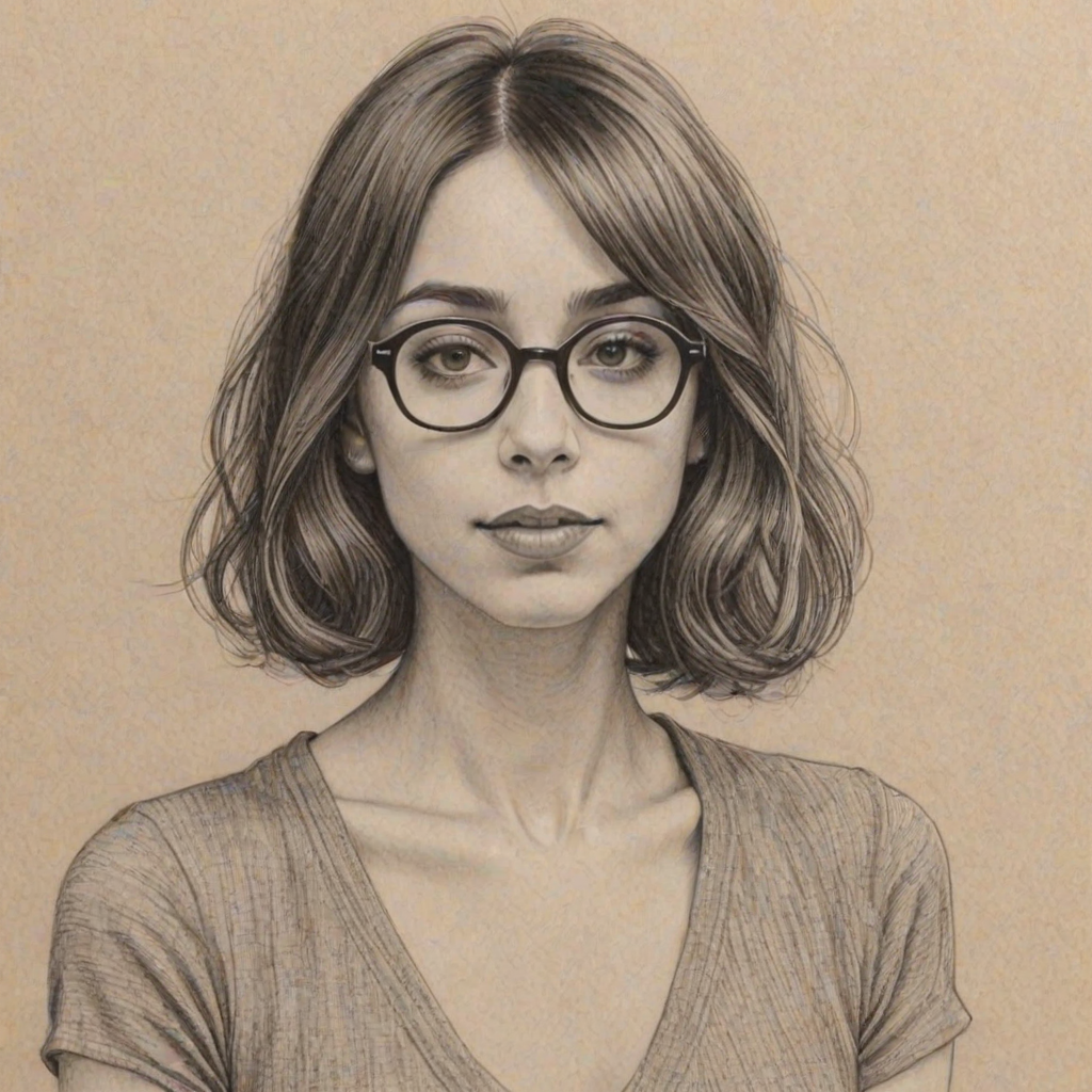 Superb Cristin Milioti, pencil sketch, portrait of Alluring woman 1928s in glasses, hair style beatnik, outline, clear lines, fine lines, 8k