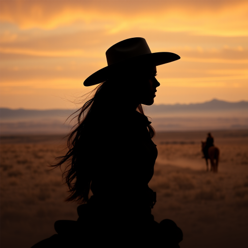 "Create a Double exposure", a silhouette "profile portrait of a young cowgirl" with long hair "superimposed" against a long shot of a cowgirl riding a horse across the plains, fantastic view, 32k, cinematic, hyper-realistic.