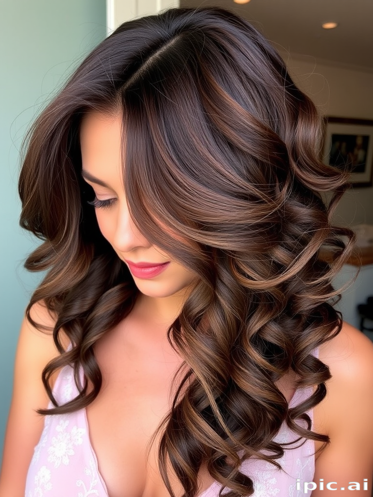 Luscious chocolate brown curls in the "Cocoa Cascade" style tumble gracefully, adorned with caramel lowlights and a deep side part for romantic allure
