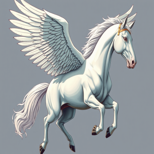 Create a high-resolution illustration of a winged horse with intricate details in the wings and body, captured from a dynamic angle using a DSLR camera with a 50mm lens, aperture set to f/1.8, ISO 200, and natural lighting to enhance texture and contrast.