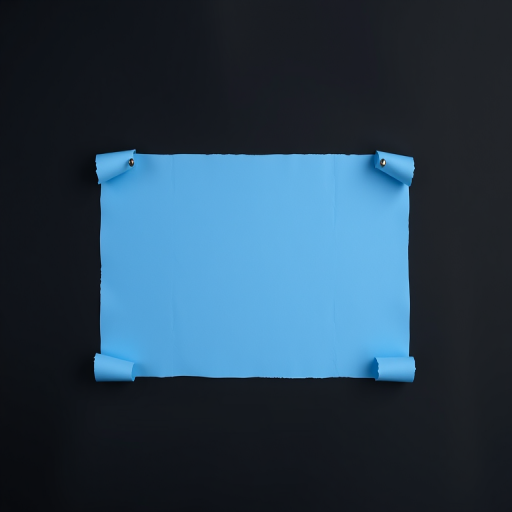Create a realistic image of a blank blue paper sheet with rolled edges pinned to a black background, using a DSLR camera with a 50mm lens, aperture f/2.8, ISO 100, and a soft box light for even illumination.