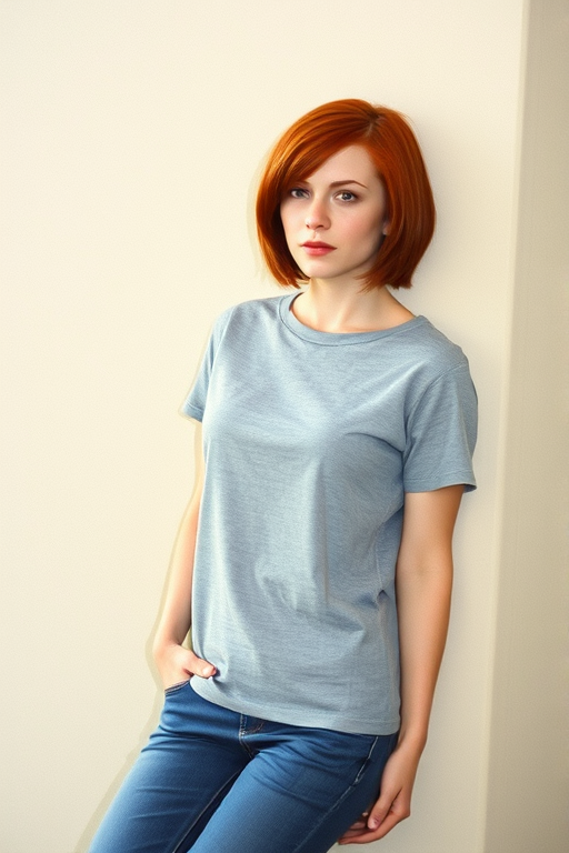 Dana Scully is seen in a candid upper-body photo, captured with a 2000s digital camera. The image has a grainy, low-resolution look typical of that time. She’s leaning against a wall in a casual pose, wearing a simple t-shirt and jeans. she has a red bobcut, reflecting the early 2000s fashion, and the photo captures her in a natural, relaxed moment, possibly mid-conversation. The lighting is uneven and slightly overexposed, creating a nostalgic, snapshot feel with a genuine, unpolished vibe