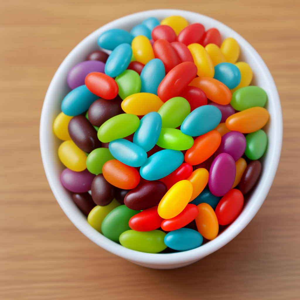 A Colorful Array of Jelly Beans in a White Bowl on Wood.