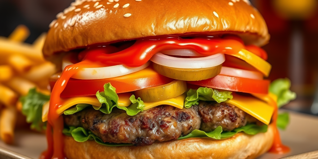 High-resolution, close-up image of a gourmet double cheeseburger. The burger features a glossy, sesame-seed-topped brioche bun. Inside, there are two thick, juicy beef patties, each topped with melted cheddar cheese. The burger is garnished with fresh lettuce, tomato slices, diced onions, and pickles. A generous amount of ketchup and a creamy, orange-colored sauce is dripping down the sides, adding to the mouth-watering appeal. In the background, there are blurred elements including a side of golden French fries and a hint of a beverage, enhancing the overall presentation of a delicious meal.