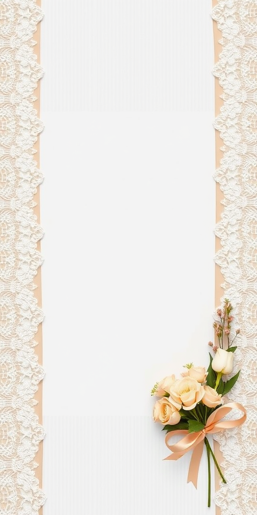 Create a high-resolution wedding card background featuring a blank white space in the center, framed by delicate lace and soft beige stripes, adorned with a subtle floral decoration and a ribbon, using a DSLR camera, 50mm lens, f/2.8 aperture, ISO 100, natural lighting.