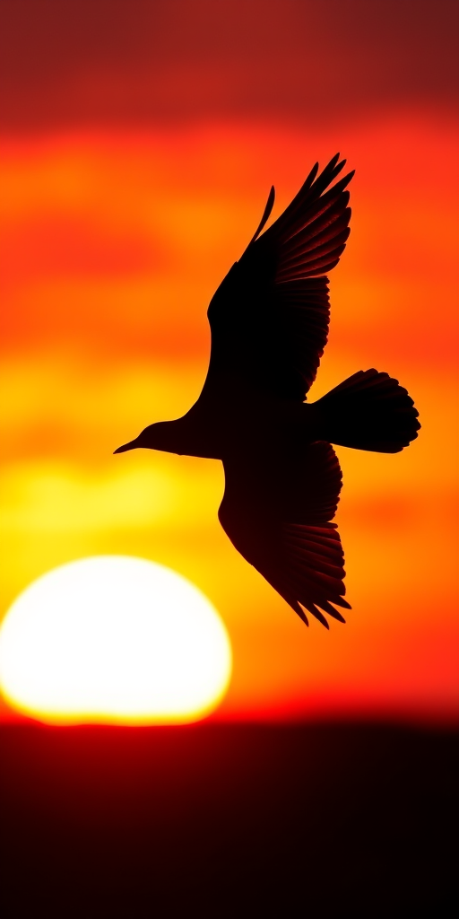 Create a high-resolution image of a silhouette of a bird in flight against a sunset background with vibrant colors, using a DSLR camera at f/8 aperture, ISO 200, 1/500 sec shutter speed, shot in landscape orientation with a telephoto lens for enhanced detail.