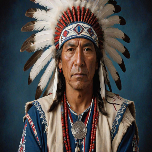 Create a dignified portrait of a Native American man dressed in traditional attire. He wears a beautifully crafted headdress adorned with white feathers and red beads, along with a beaded headband featuring intricate patterns. His clothing includes a deep blue, patterned shirt and a traditional chest piece with detailed beadwork. His arms are crossed, displaying leather armbands decorated with feathers. The background is simple and neutral, emphasizing his proud and stoic expression. The overall image captures the rich cultural heritage and strength of his persona.